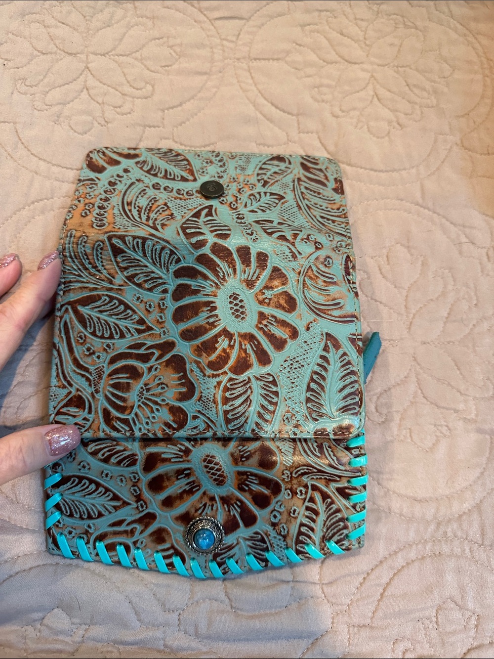 Myra Bag Turquoise-Trim Tooled Floral Leather Wallet - Picture 3 of 6